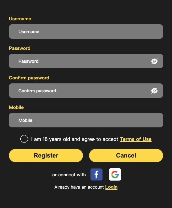 57V register page interface with options for login
