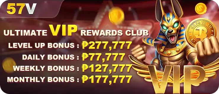 57V online casino promotion banner with characters and gold coins